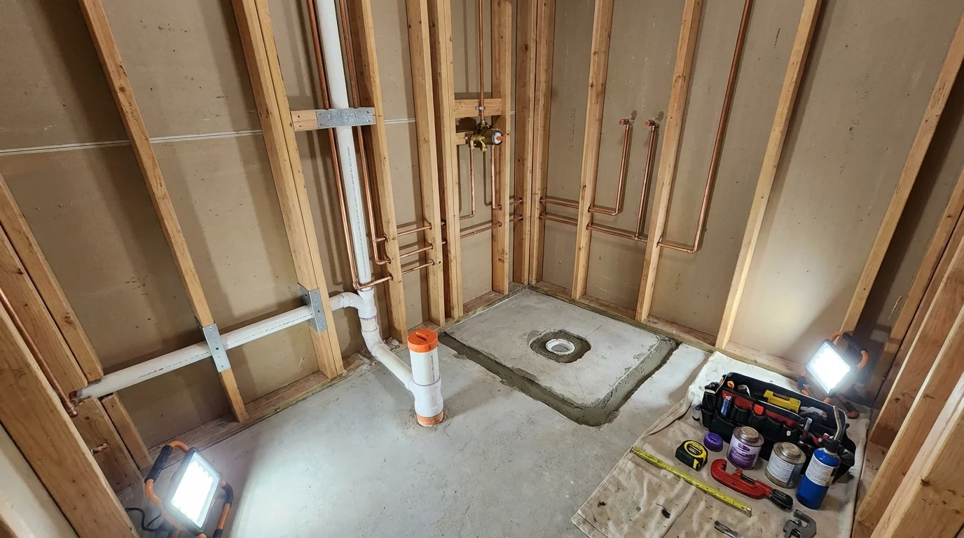 Bathroom rough-in plumbing during remodel by Johns Plumbing LLC in Grantville