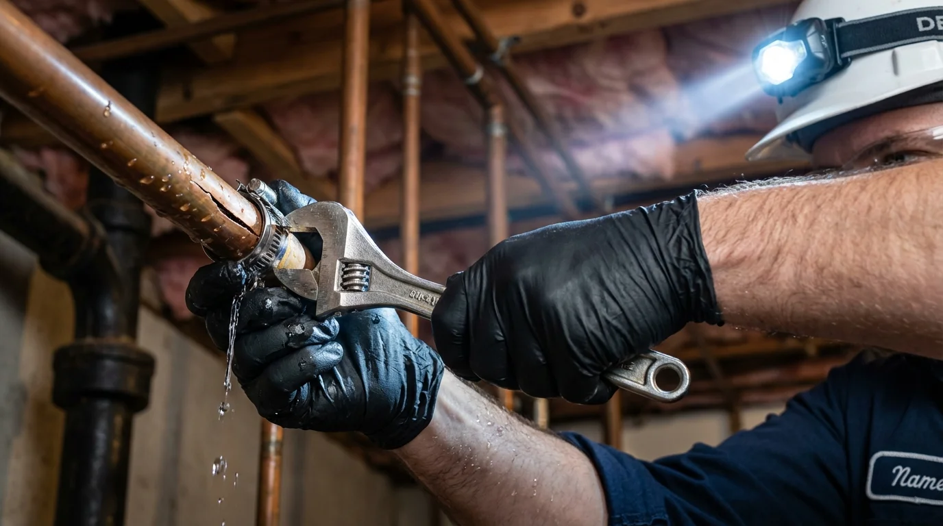 Emergency pipe clamp repair being performed by a Johns Plumbing LLC plumber in Grantville