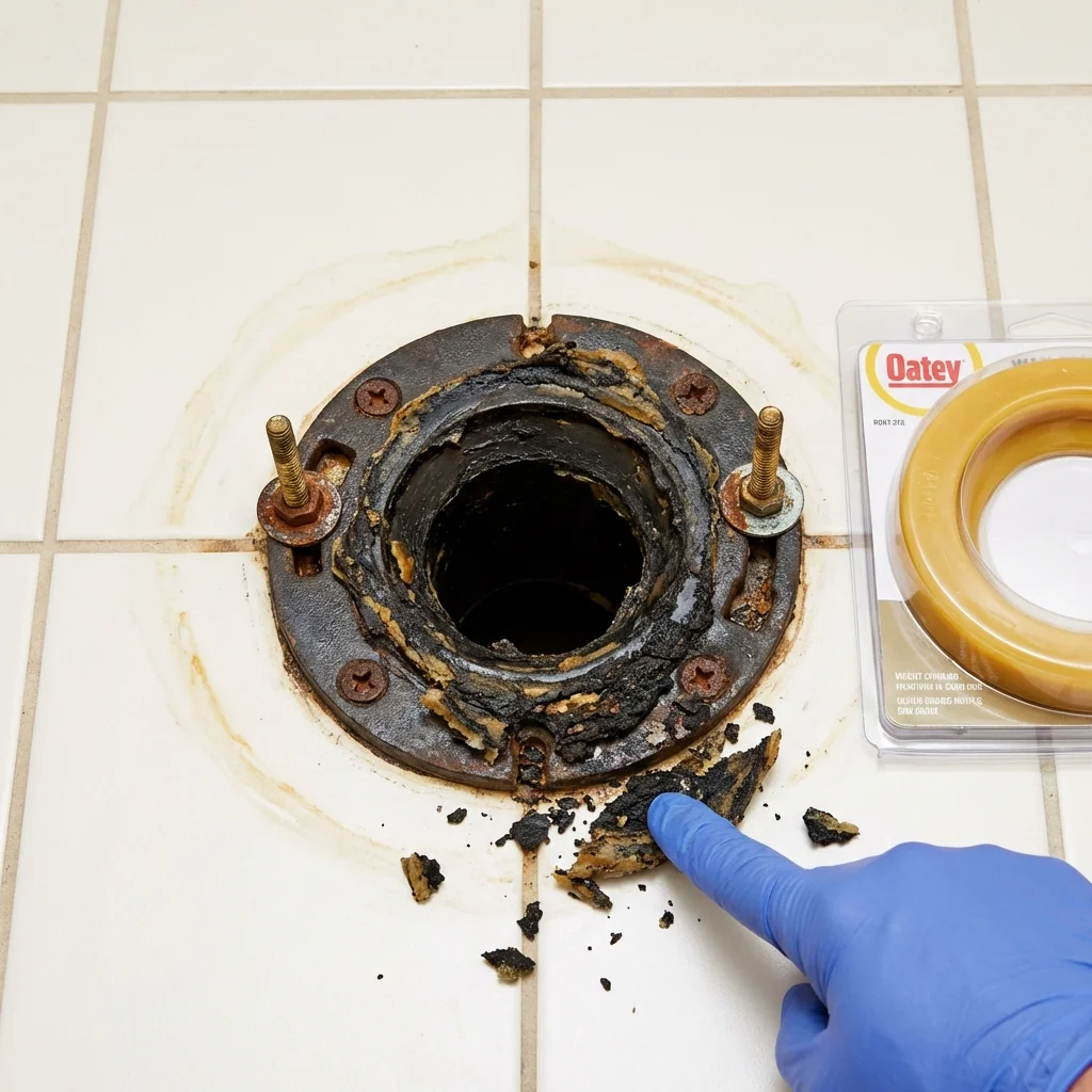 Failed wax ring showing water seepage at the base of a toilet in a Grantville, GA home