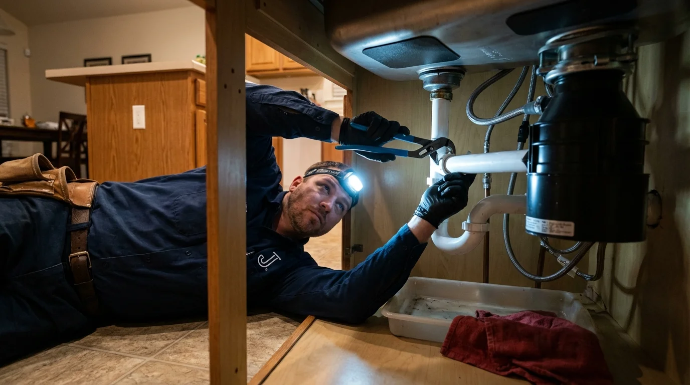P-trap and supply line connections under a kitchen sink showing a common leak point in Grantville, GA